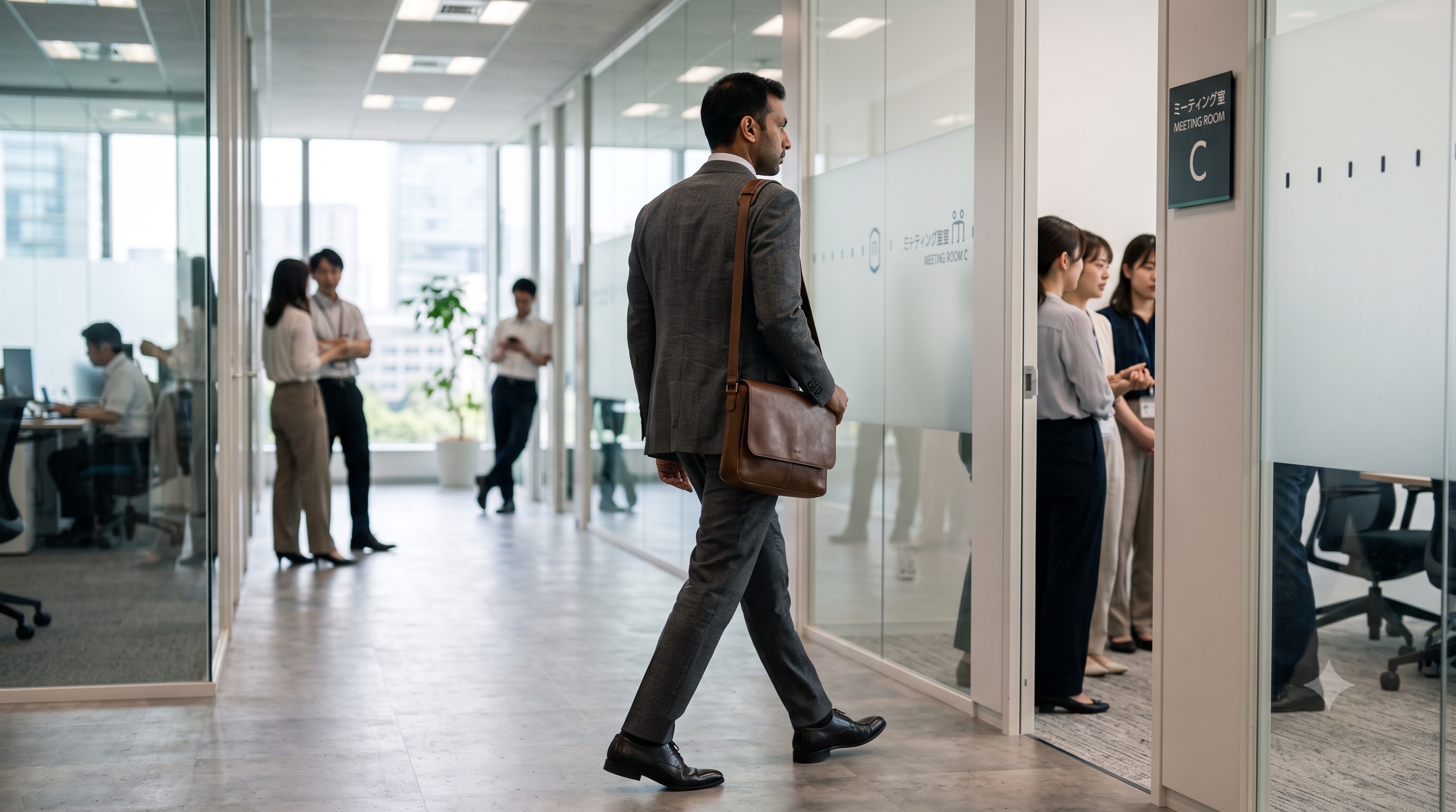A fit man in a well-tailored charcoal suit walking through a bright glass office corridor toward a meeting.