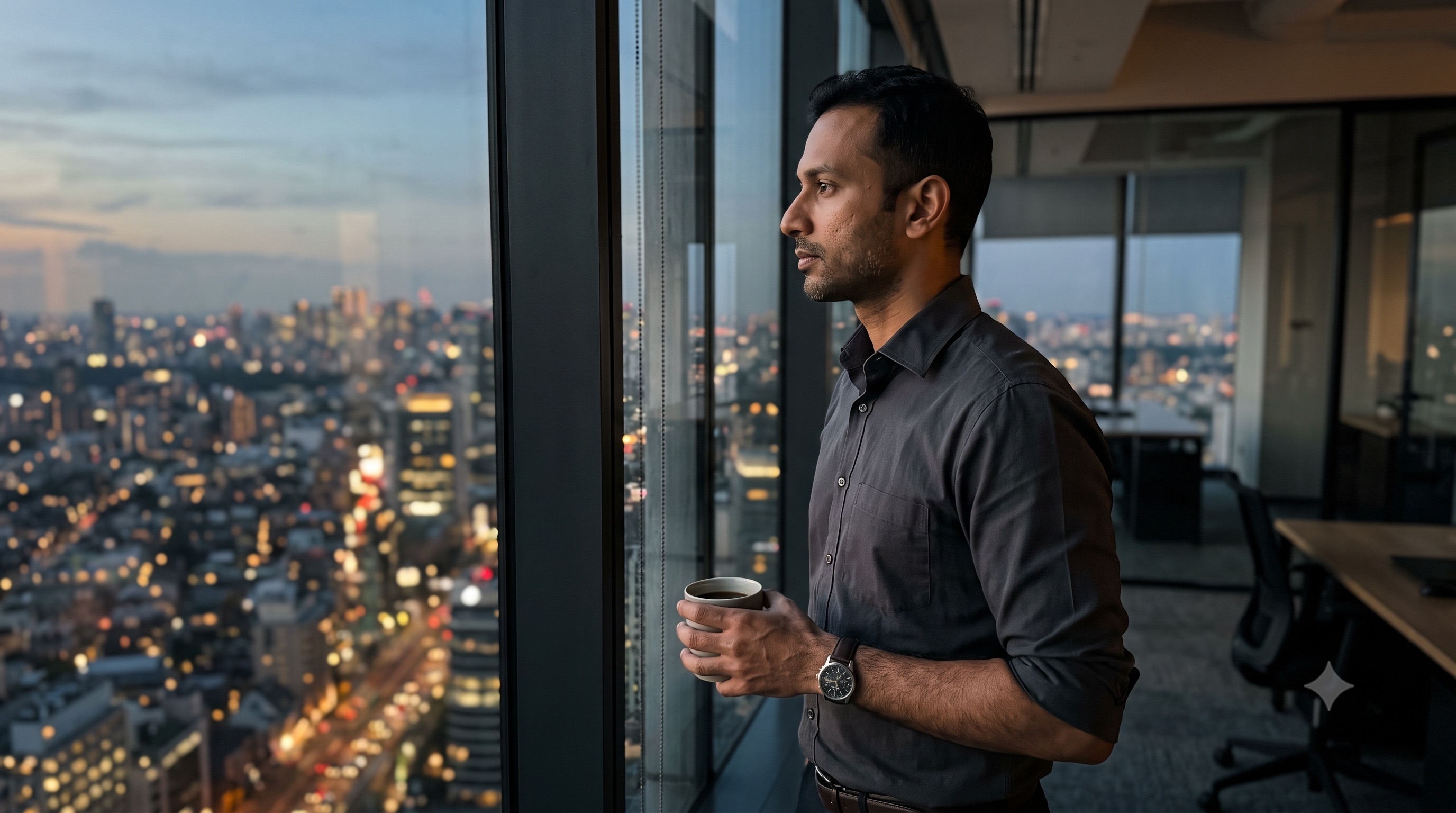 A lean, composed founder in a rolled-sleeve shirt standing at a high-rise office window at dusk.