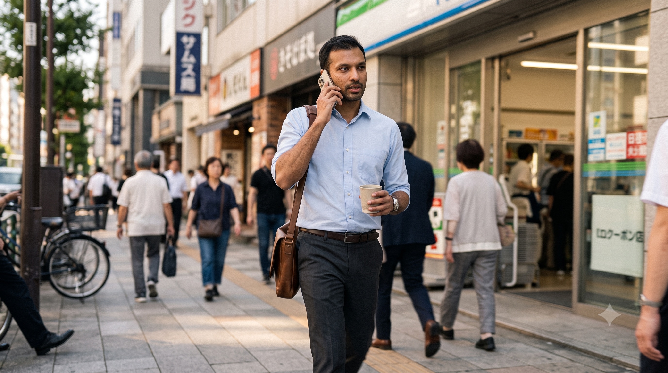 A businessman in slacks walking briskly along a city sidewalk mid-morning, phone to his ear, coffee in hand.
